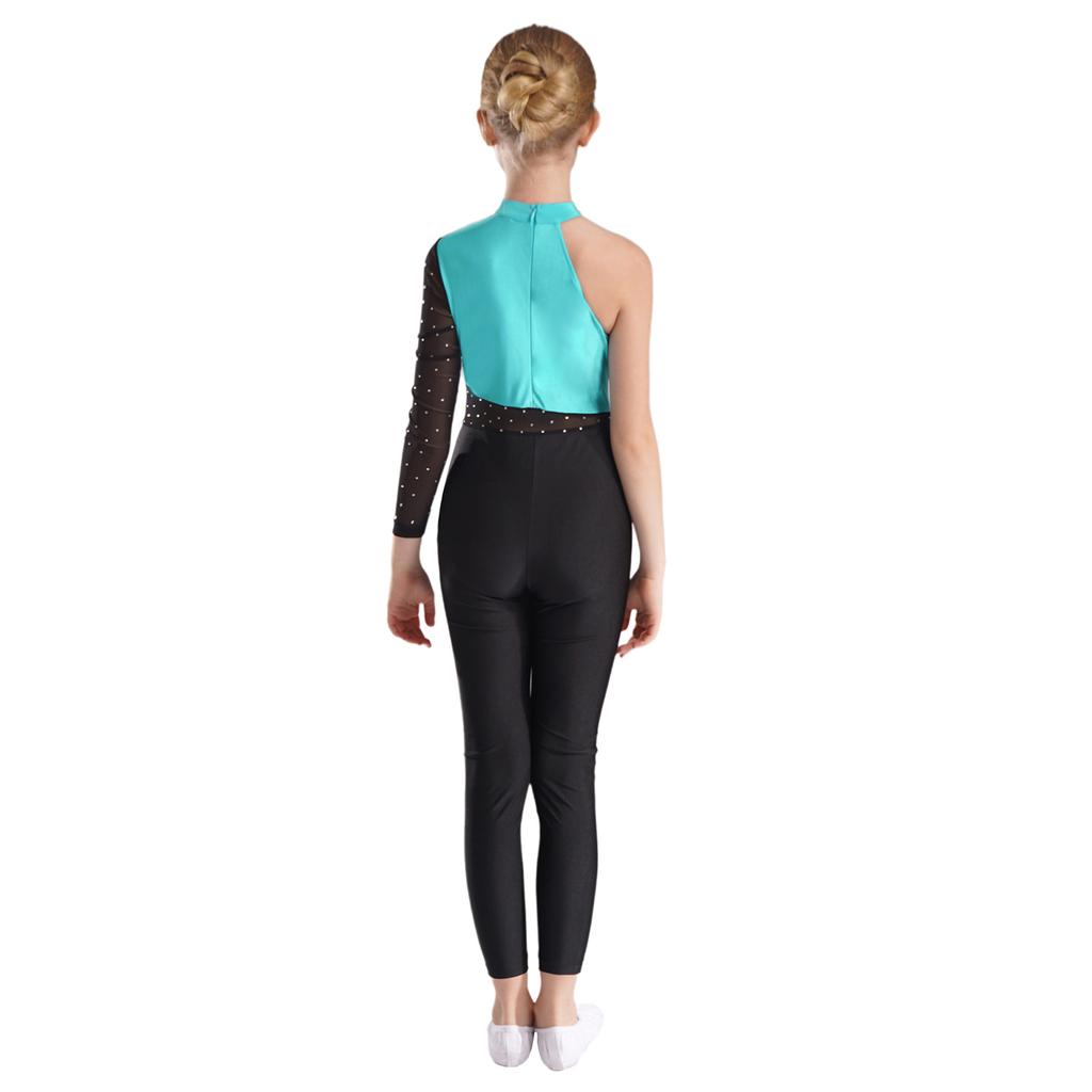 Комбинезон для гимнастики для девочек с блестящими стразами, боди с длинным рукавом из прозрачной сетки, костюм для фигурного катания