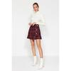 Burgundy Buttoned Tweed Fabric Mini Woven Skirt With Flounce Hem Twoaw22et0155