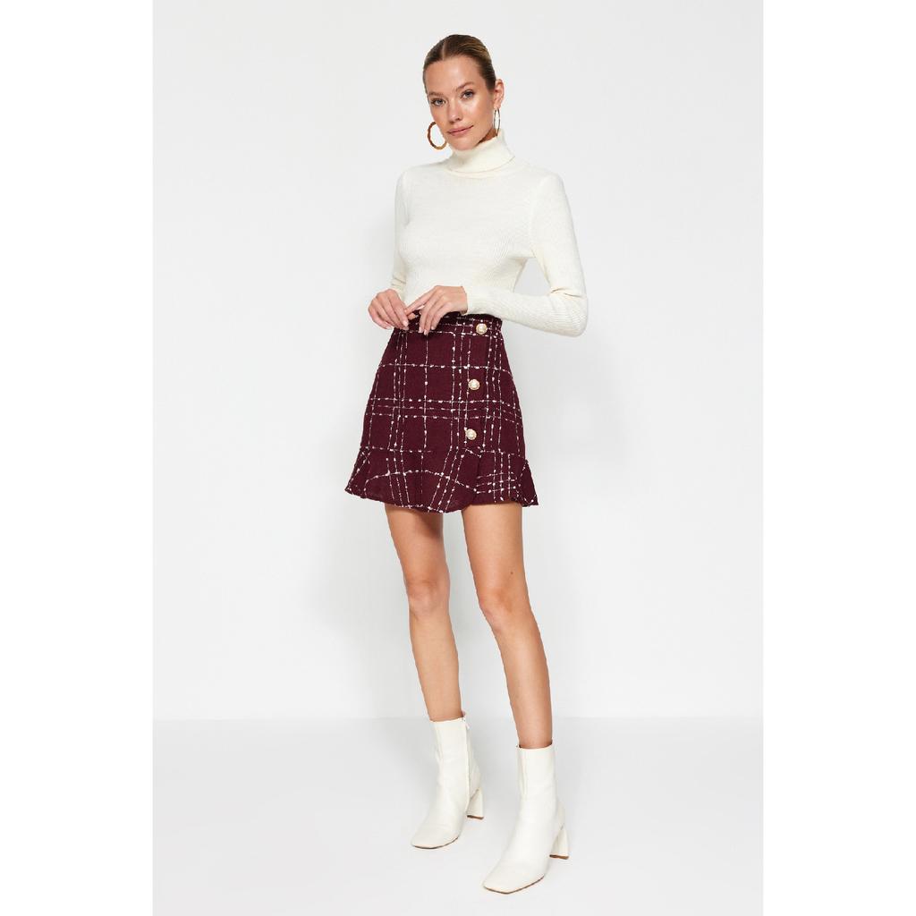 Burgundy Buttoned Tweed Fabric Mini Woven Skirt With Flounce Hem Twoaw22et0155