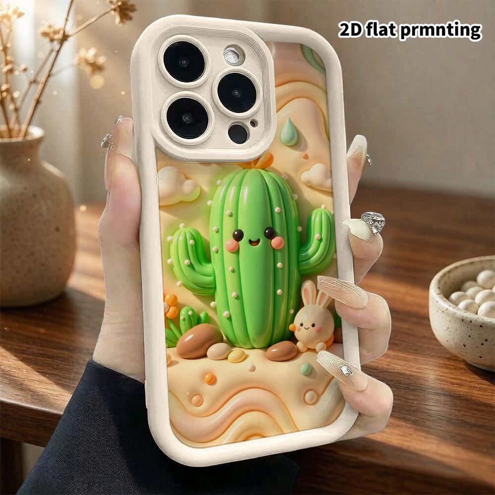 Phone Case: 2D flat design suitable for iPhone 18 17 16 15 14 13 Pro protective case, cactus and little rabbit, perfect Christmas and Halloween holida