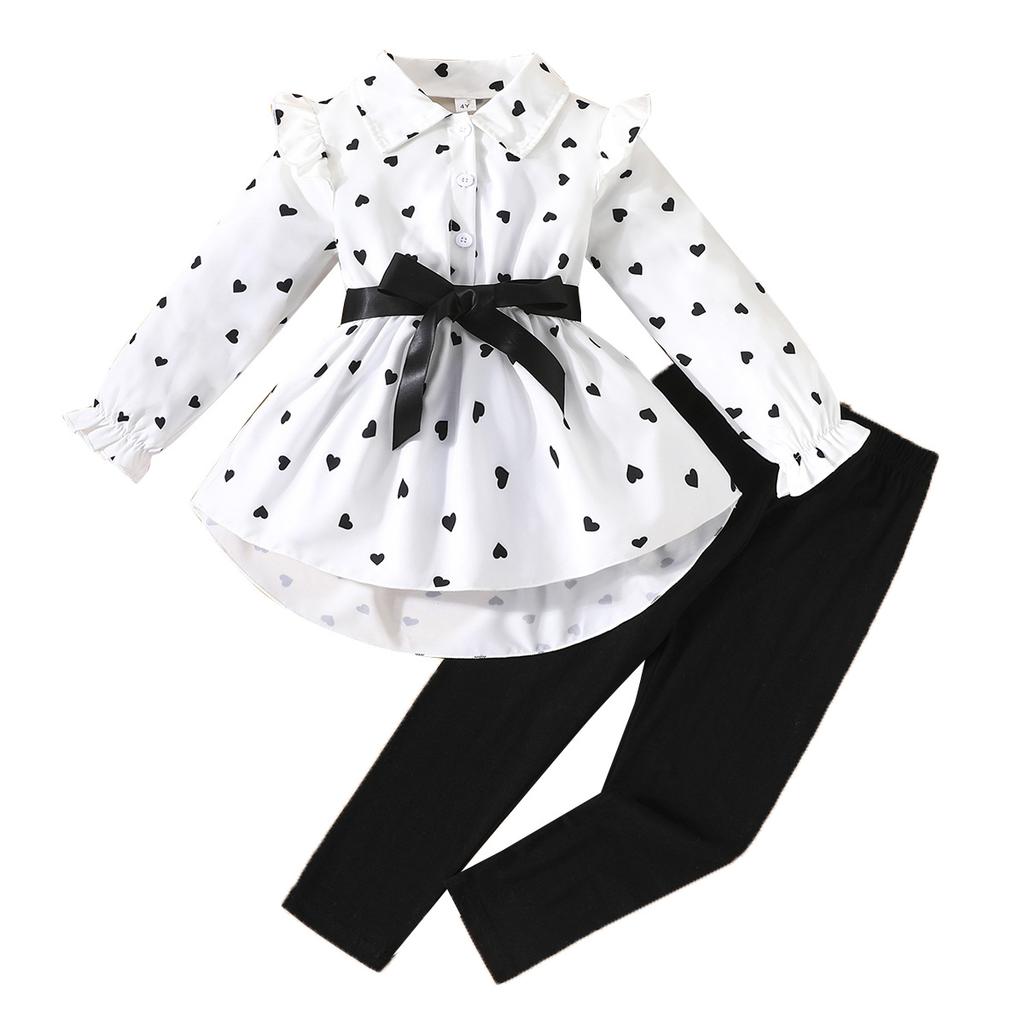 Girls Fashion Love Patterned Long-sleeved Shirt with Pant Suit 2025 Summer Kids Casual Suit