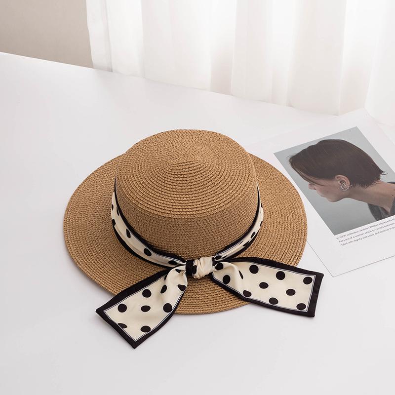 Модная соломенная шляпа в горошек для женщин, солнцезащитная праздничная пляжная шляпа, белая французская шляпа с плоским верхом, женская шляпа-бантик