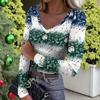 Women's Winter Slim-Fit Base Layer T-Shirt Fashionable Christmas Print V-Neck Pullover Long-Sleeved Top