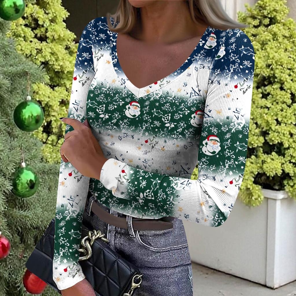 Women's Winter Slim-Fit Base Layer T-Shirt Fashionable Christmas Print V-Neck Pullover Long-Sleeved Top