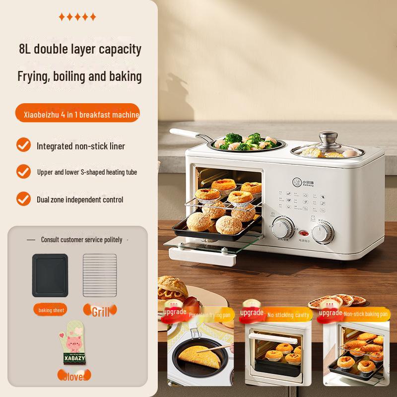 Машина для завтрака Xiaobeizhu 4-в-1: Пар, выпечка, жарка и варка — мини-многофункциональный тостер-духовка.