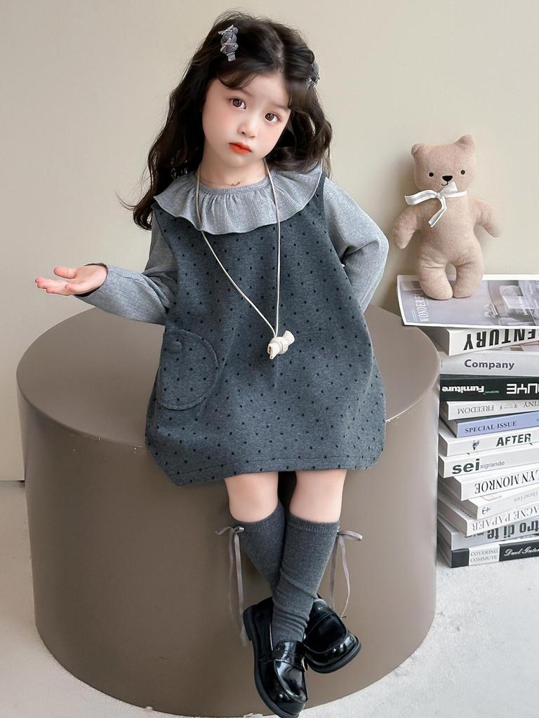 Комплект платья принцессы с рюшами и принтом в горошек для девочек на весну и осень 2025 года - Модный костюм-двойка для детей