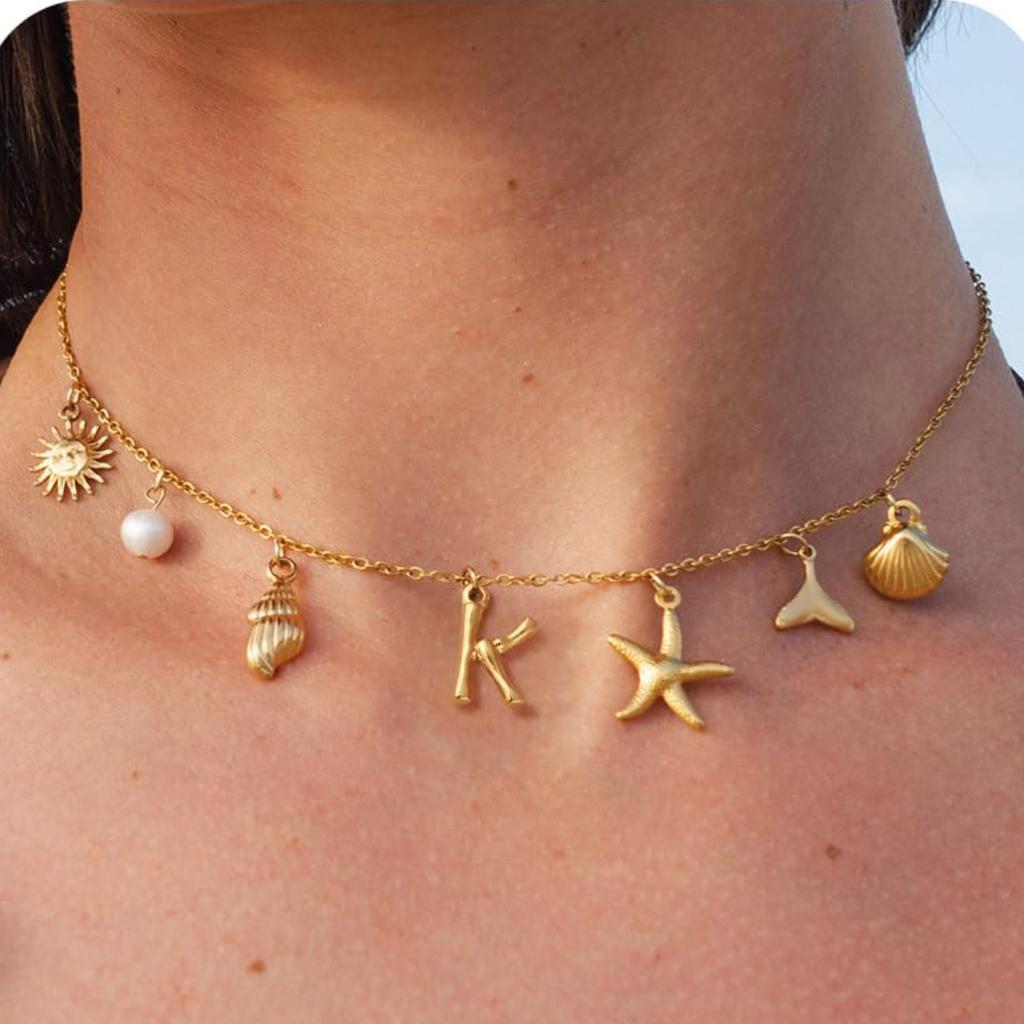 MHS.SUN Starfish Shell Initial Necklace Waterproof 18K Gold Plated Stainless Steel Charm Necklaces Surfer Girl Summer Beach Gift