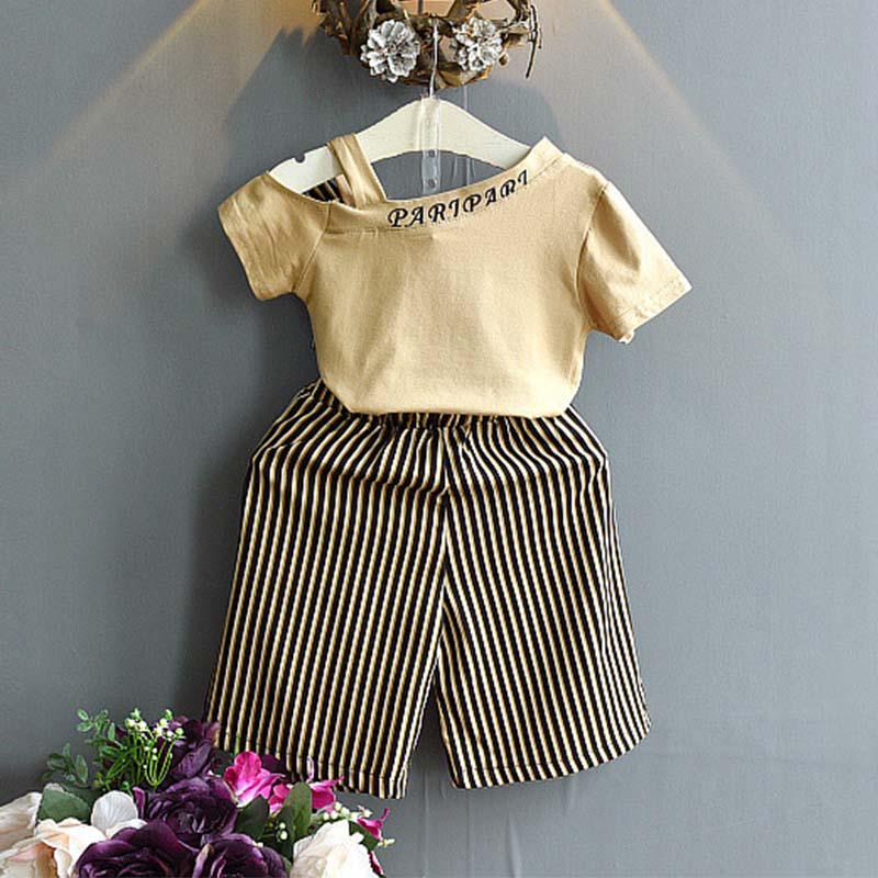Детские повседневные летние футболки с короткими рукавами для девочек + шорты в полоску с принтом, комплект костюмов из 2 предметов