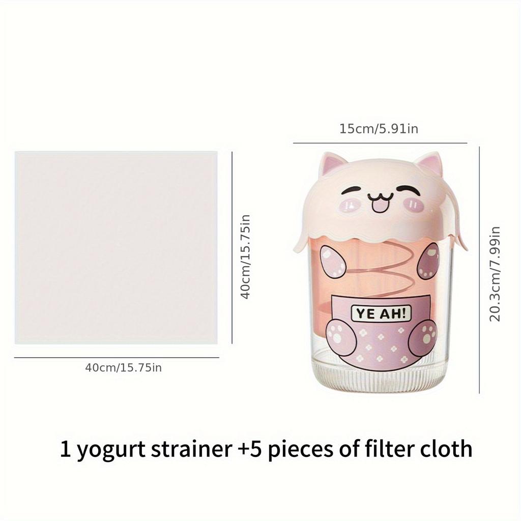 1 Cat Yogurt Filter and 5 Bags, Can Filter Approximately 33-35 Ounces of Yogurt, Cute Home Essential Rotating Press Quick and Easy