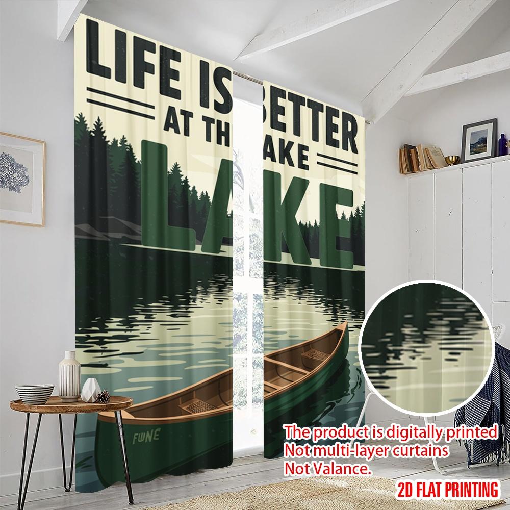 2pcs 2D Flat Printing Window Treatment Curtains Life Better Lake Canoe 100% Polyester Without Electricity Festive Holiday for