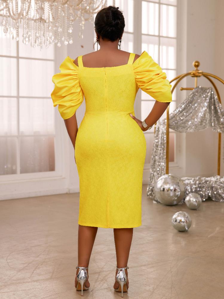 AOMEI Желтое кружевное платье миди, женское платье с открытыми плечами и короткими рукавами, вечерние платья на день рождения