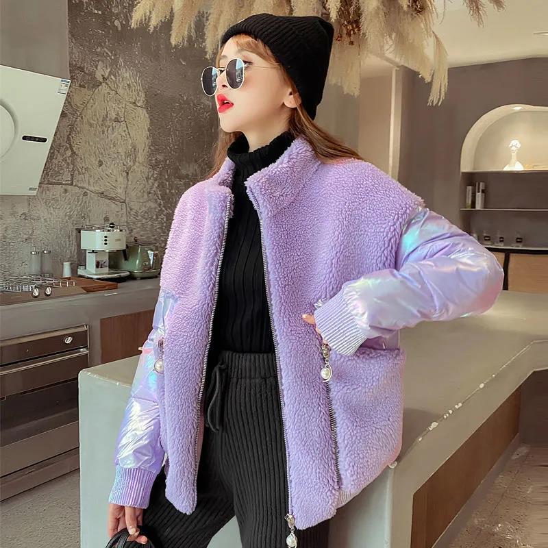 New Fashion Autumn Winter Women's Short Glossy Stand-up Collar Lamb Wool Stitching Down Cotton Jacket Pure Color Zipper Cotton Jacket