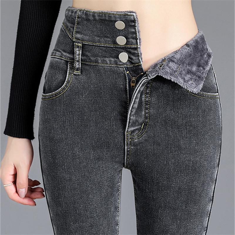 Зимние толстые флисовые теплые узкие брюки-карандаш для мам, джинсы, женские повседневные уличные брюки с высокой талией, женские синие джинсовые брюки