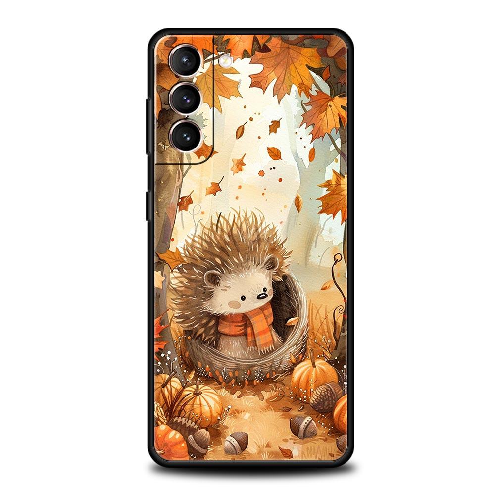 Осенний милый дизайн с ежиком Чехол для телефона для Samsung Galaxy S26 Ultra S25 Plus S24 FE S23 S22 5G S21 S20 Черный Мягкий