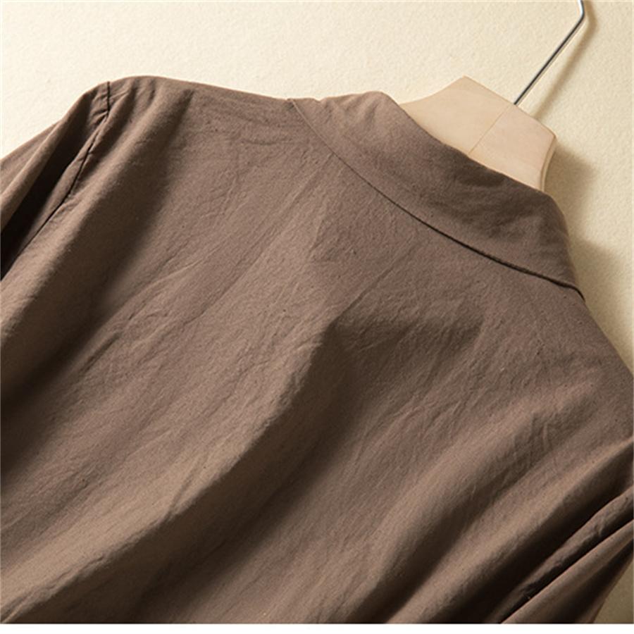 Хлопково-льняная блузка с вышивкой, однотонная весенне-осенняя рубашка на пуговицах, повседневный свободный топ с длинными рукавами с лацканами для женщин