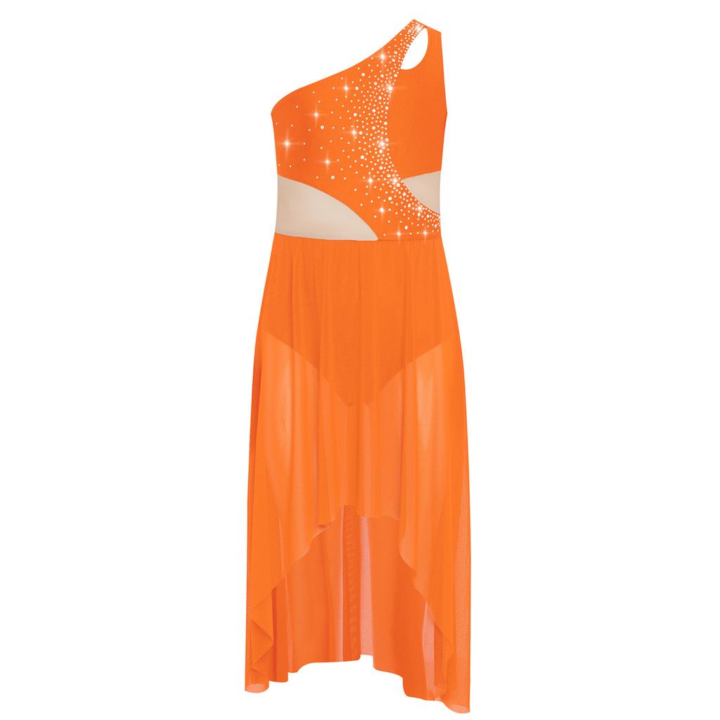 Девочки Лирический Танцевальный Костюм Блестящие Стразы Одно Плечо Без Рукавов Вырез Высокий Низ Легкое Сетчатое Платье Танцевальная Одежда