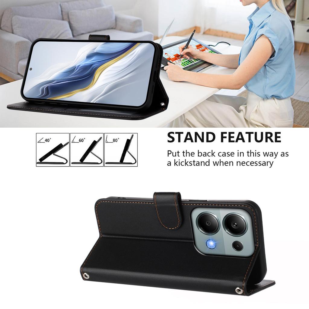 Для Xiaomi Poco M6 Pro 4G/Xiaomi Redmi Note 14S 4G/Xiaomi Redmi Note 13 Pro 4G Кожаный чехол-кошелек с подставкой и ремешком на запястье