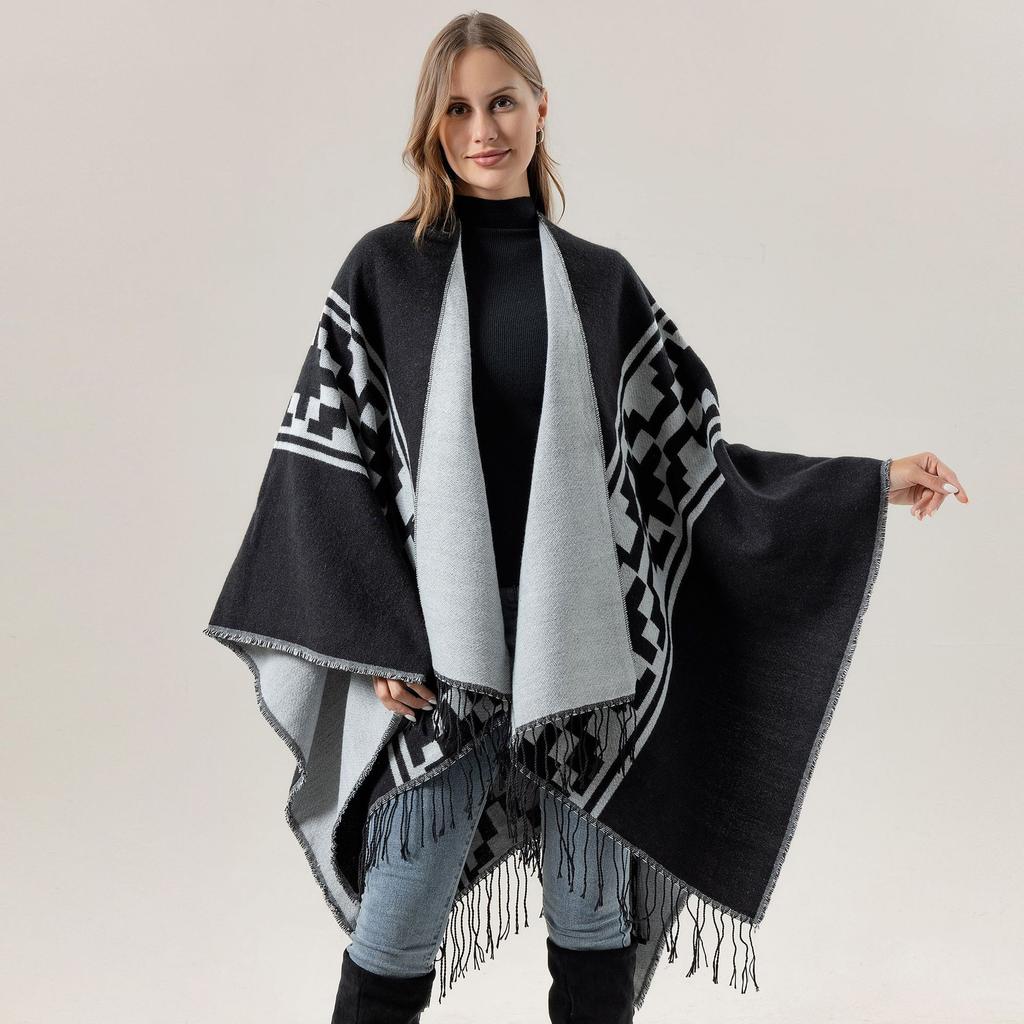 Versatile Travel Shawl, Cold-Proof And Warm In Spring And Autumn, With Thickened Fringed Split Cloak