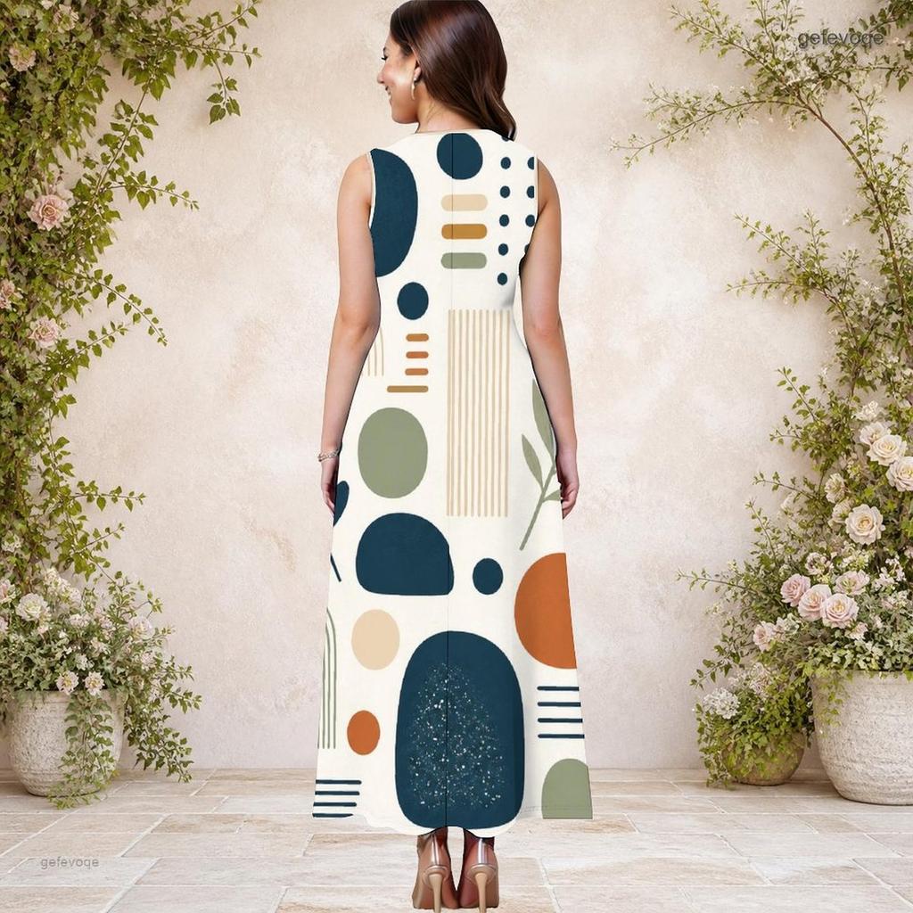 Women Plus Size Round Neck Sleeveless Geometric Printed A Line Long Dress With Side Pockets