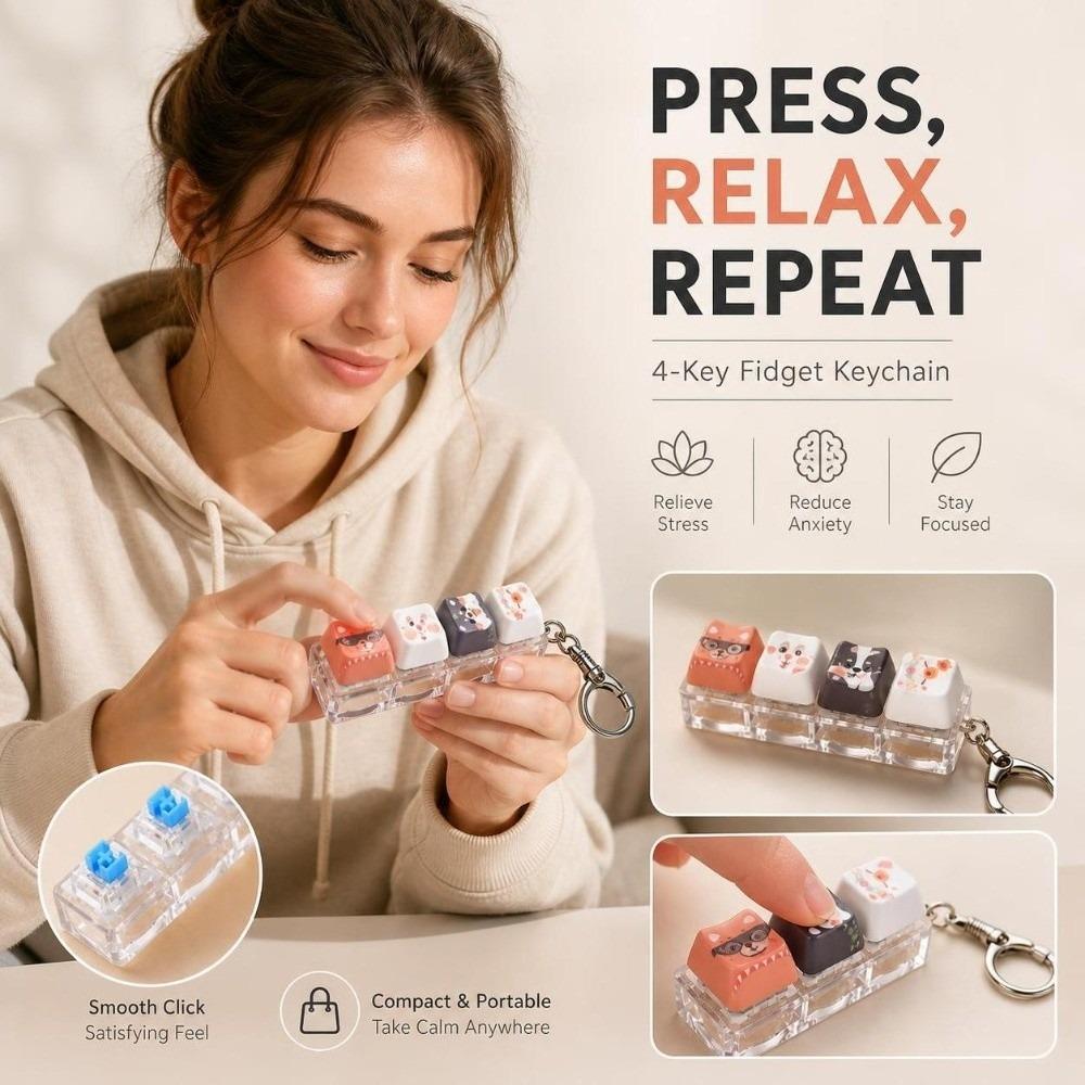 4 Keys Stress Relief Clicker Keyboard Calming Keychain Keys Children Adults