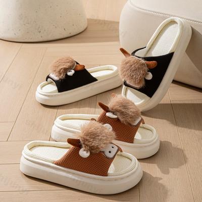 Модные милые мультяшные женские тапочки с коровкой, удобные, на платформе, весенние, парные домашние тапочки, женские модные льняные домашние тапочки, оптом