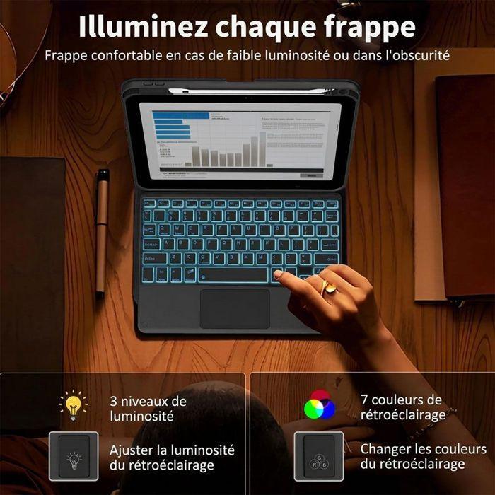 Coque Clavier pour Samsung Galaxy Tab S10 FE / S9 FE, Cuir PU Noir avec Clavier Rétroéclairé + Souris + Stylet