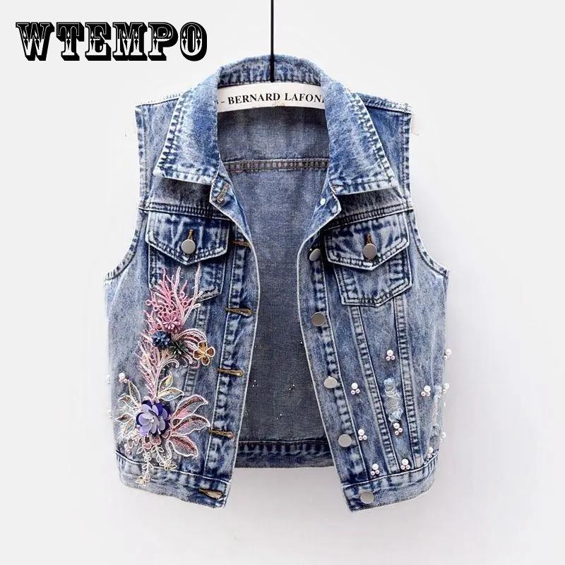 Джинсовый жилет, женские короткие осенние студенческие топы без рукавов с нашивкой из бисера