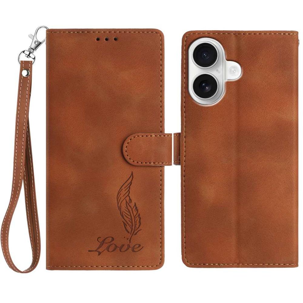 For iPhone 16 Case Imprinted Feather PU Leather Wallet Phone Cover with Wrist Strap