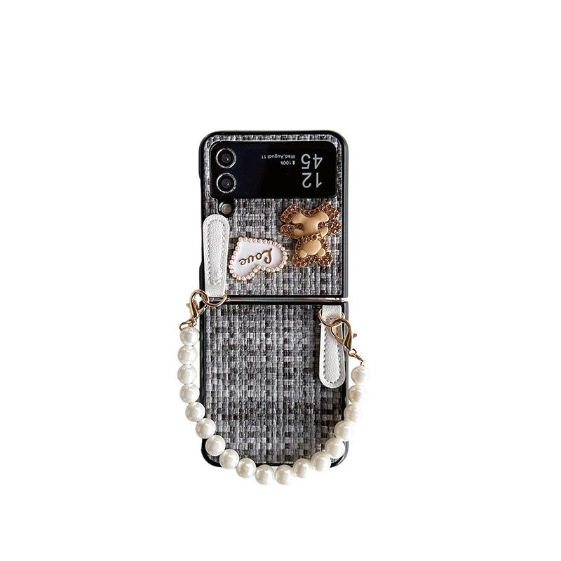 Bear Mobile Phone Case Flip Foldable Mobile Phone Case for Samsung Zflip4 Pearl Hand Chain 5 Heart Xflip
