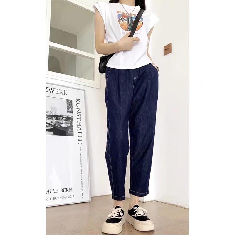 Женские джинсы-шаровары с высокой талией больших размеров - осень/зима, для невысоких женщин, свободный крой, визуально стройнят, прямые широкие штанины.