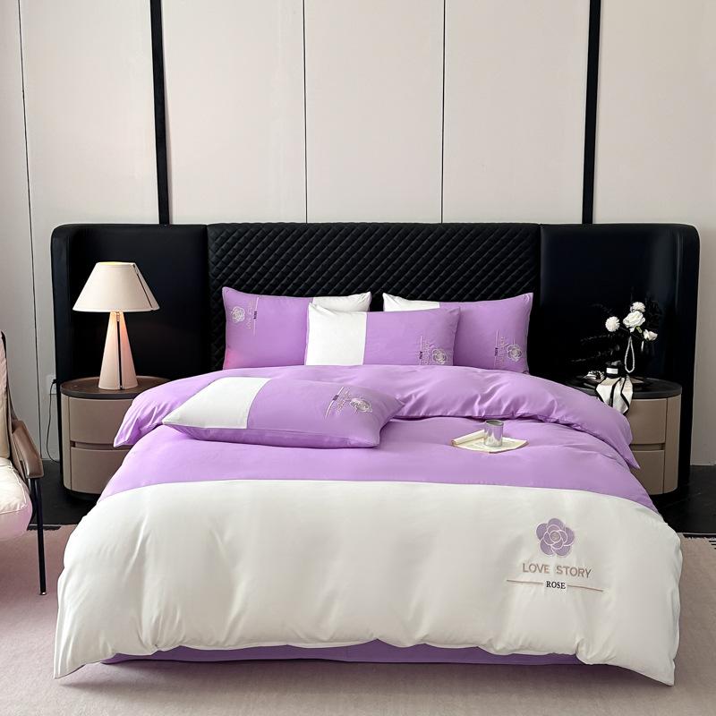 Light Luxury Ice Silk Bed Four-piece Set Double-sided Washed Cotton Embroidered Quilt Cover Bed Sheet Three-piece Set