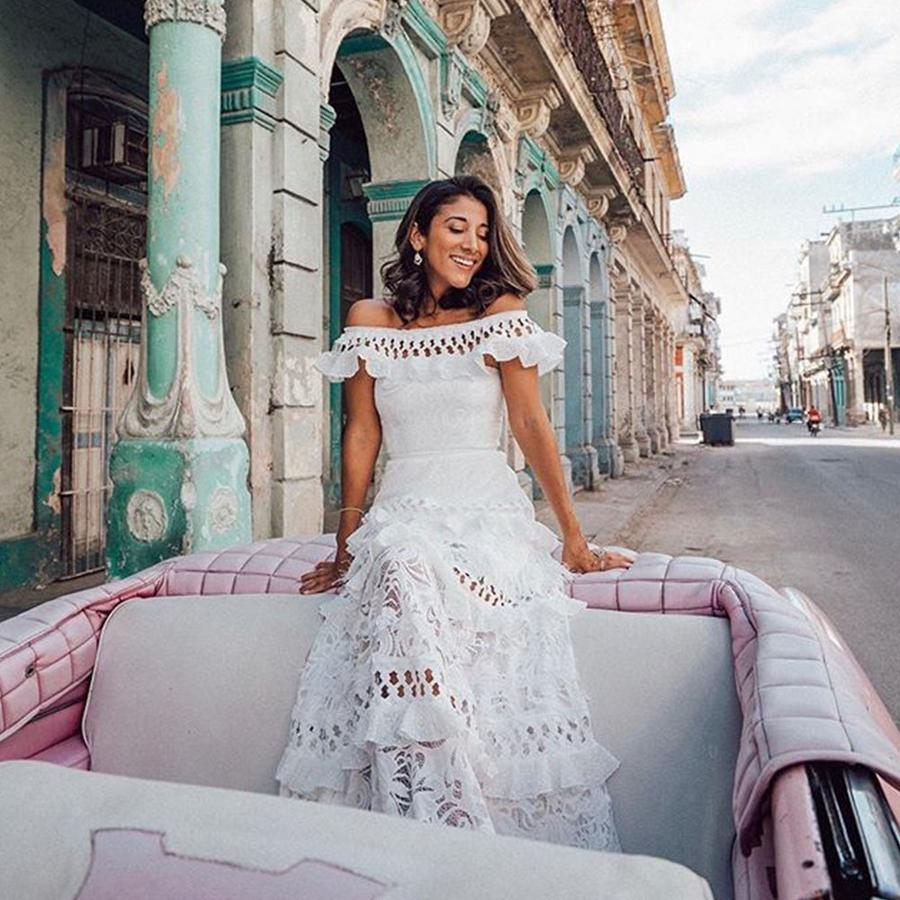 Летние Новинки Женские Платья Wish С одним плечом Воланы Кружевной Край с Листьями Платье Макси с Завышенной Талией