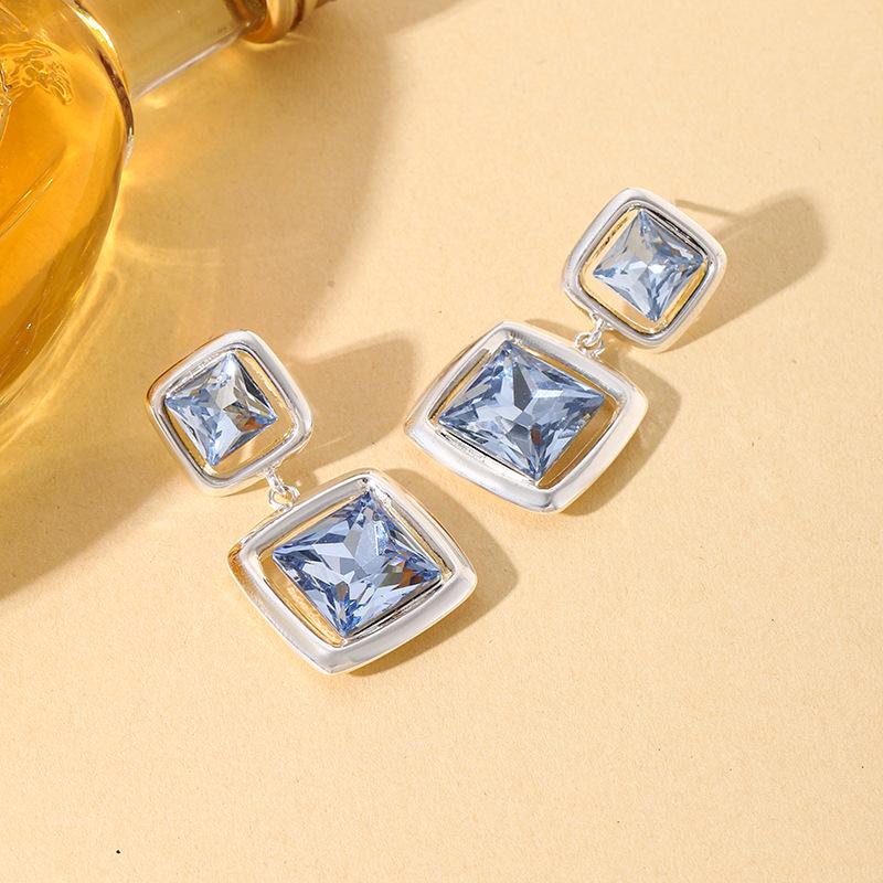 Korean Cool Tone Sea Blue Double Layer Zirconia Square Stud Earrings