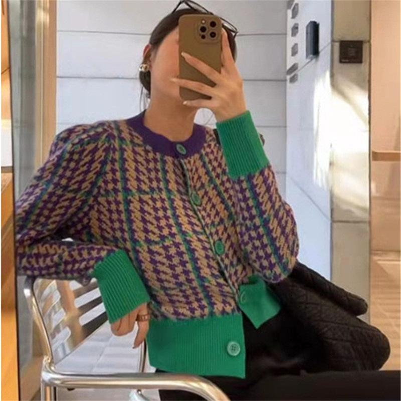Кардиган женский осенний новый свободный вязаный кардиган с круглым вырезом в клетку «Тысяча птиц» с длинными рукавами, однобортный свитер, куртка