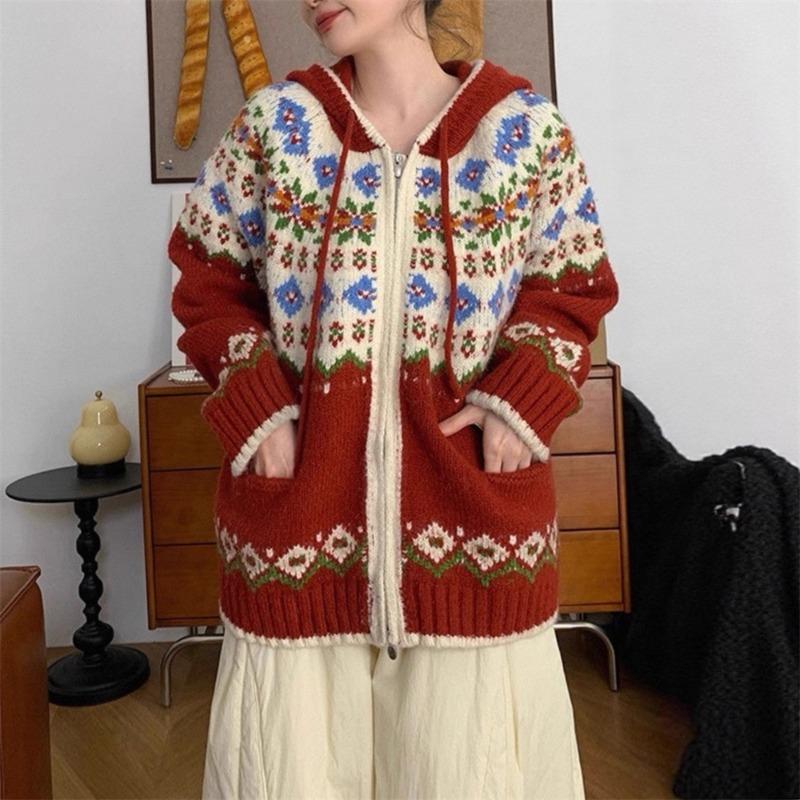 Контрастные цвета Свитер-жакет с капюшоном узором Fair Isle женский осенне-зимний новый свободный универсальный и тонкий вязаный кардиган