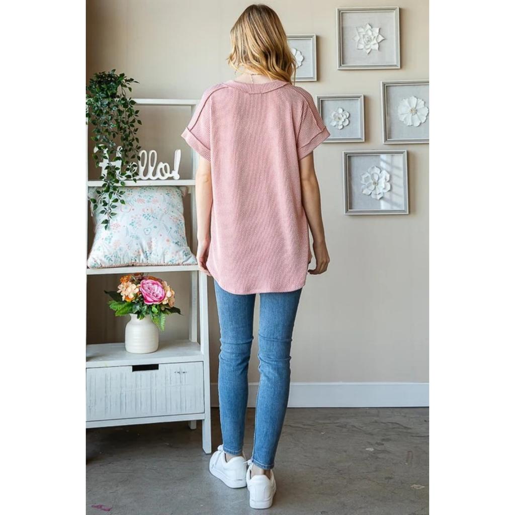 Casual Ribbed Jacquard Knit Loose V-Neck Short Sleeve T-Shirt, European American Style for Crossborder Dropshipping