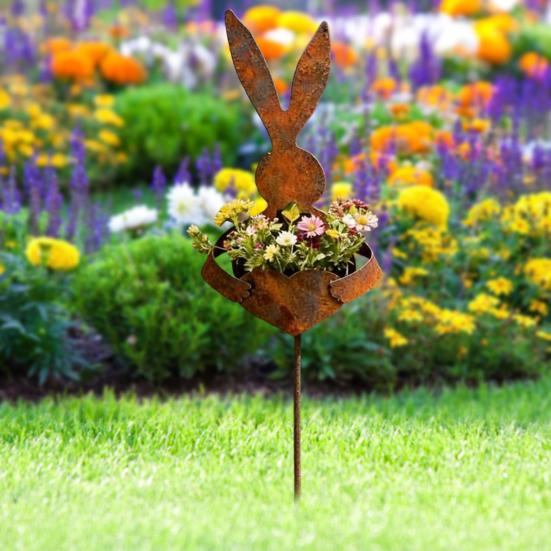 Easter Vintage Metal Rabbit Shaped Planter Garden Stake Rustic Bunny Silhouette Yard Decor with Patina Finish for Outdoor Garden Spring Flower Plants