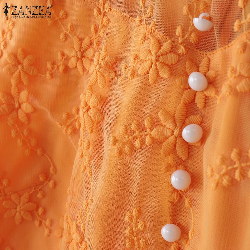 ZANZEA Женская повседневная блузка с воротником-стойкой и коротким рукавом, кружевная вышивка, пэчворк