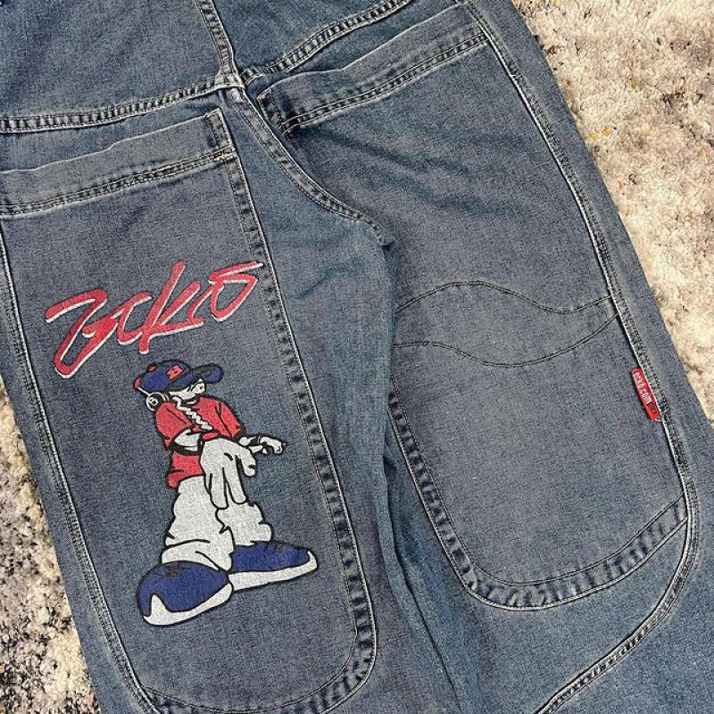 Ретро Streetwear Y2K Широкие Джинсовые Брюки с Вышитым Графическим Принтом Свободного Кроя для Подростков 2025