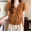 Summer Women V Neck Short Sleeve Side Drawstring Buttons Up Casual Blouse
