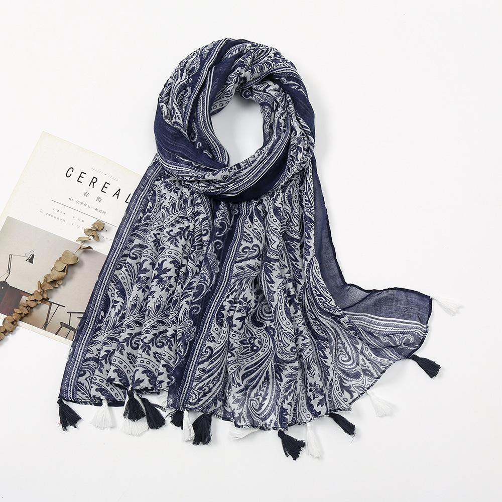 Fresh Printed Cotton and Linen Feel Tassel Scarf Shawl for Summer Ladies Long Scarf Travel Beautiful Long Silk Scarf