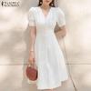 Women Korean V-Neck Puff Sleeves Waist A Line Dresses