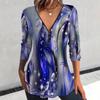 Elegant and Casual Spring and Autumn V-neck Zipper Floral Printed Long-sleeved Women's T-shirts