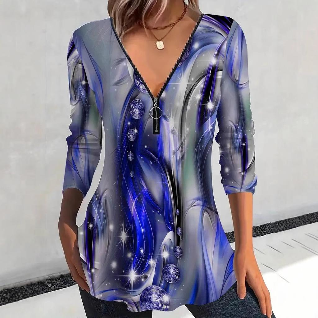 Elegant and Casual Spring and Autumn V-neck Zipper Floral Printed Long-sleeved Women's T-shirts