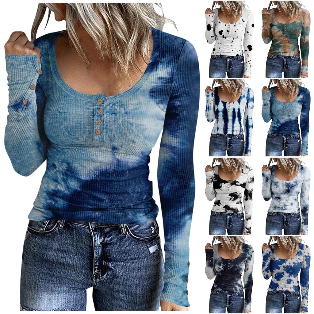 Women's T-shirt Fashion Casual Printed U Collar Button Long Sleeve Top
