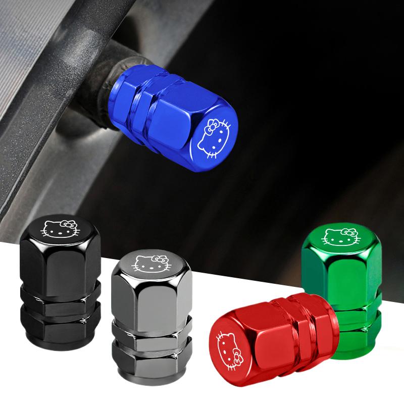 For Hello Kitty 4Pcs Car Accessories 3D Metal Hello Kitty logo Tire Valve Caps Wheel Dust Cover Decoration