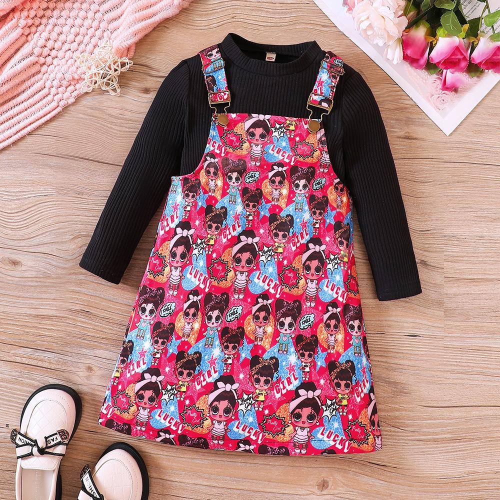 Girls' Autumn New Solid Color Pit Stripe Long Sleeve Top+Cute Contrast Cartoon Print Strap Dress Set