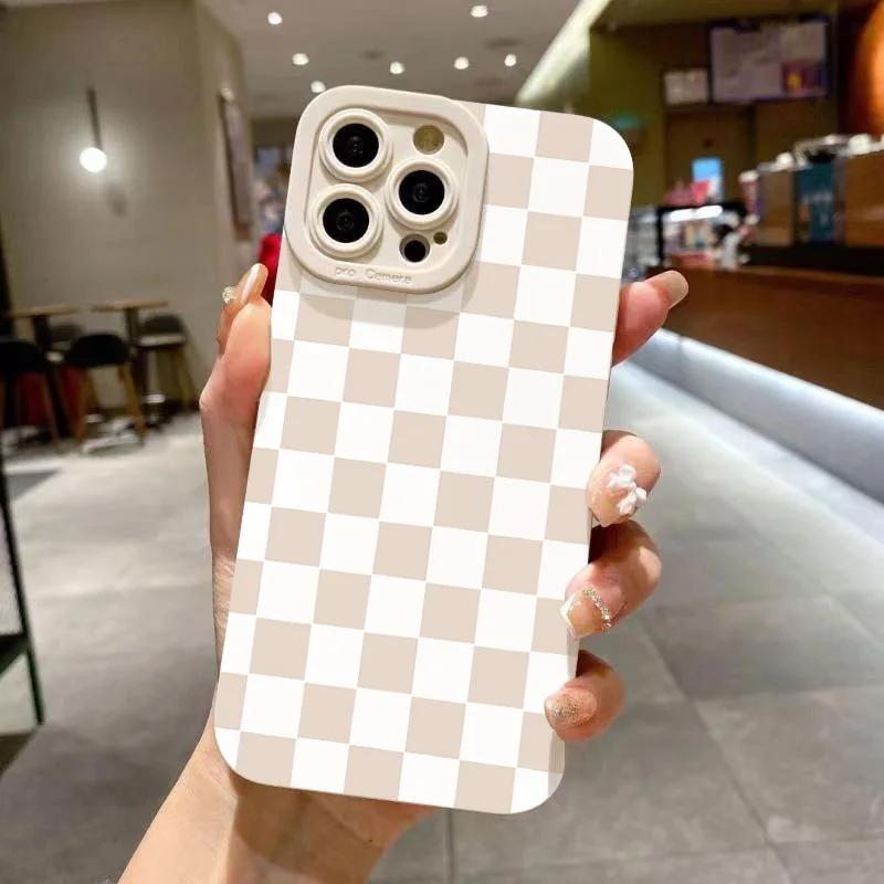 Чехол для iPhone 16 15 14 13 12 11 Pro Max XS X XR 7 8 Plus SE 2022 Белый клетчатый принт противоударный матовый мягкий силиконовый чехол для телефона