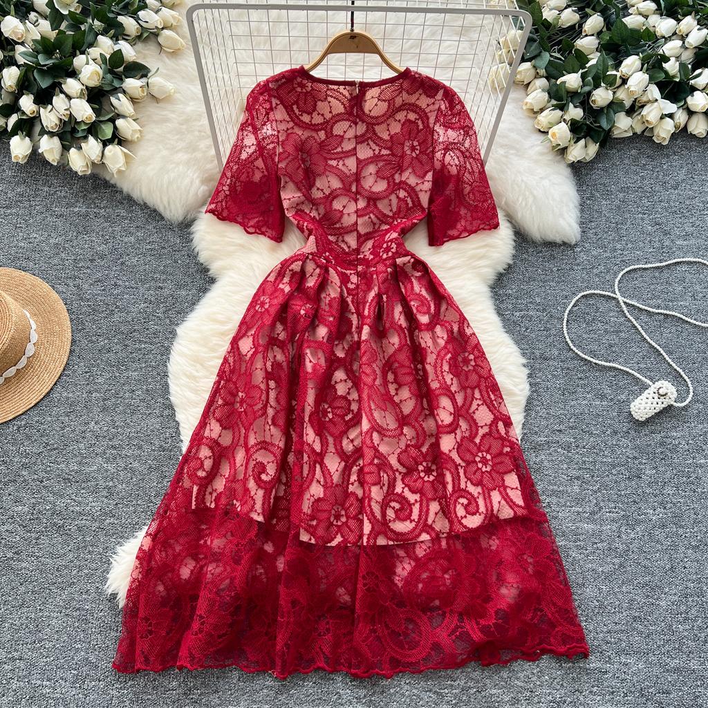 Летние женские элегантные платья с круглым вырезом и коротким рукавом, кружевные вышитые цветочные вечерние платья