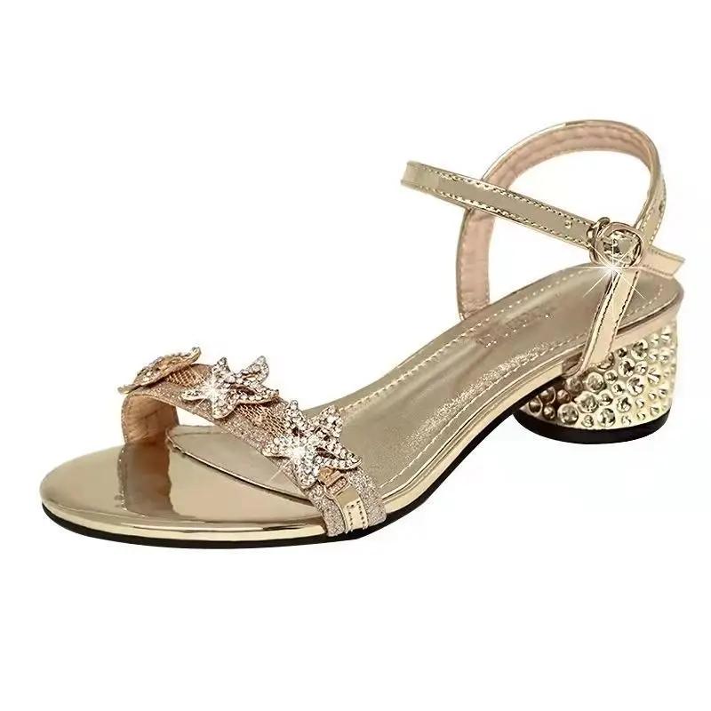 Fashion With Medium Heels Rhinestones Ladies Shoes Sales Wholesale Asian Size Chic and Elegant Vip Summer 2025 Offers Women's Sandals